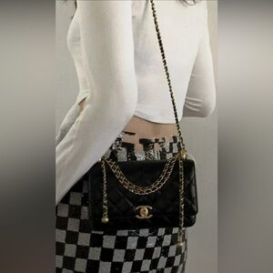 CC Black Quilted Shoulder Bag with Gold Chain